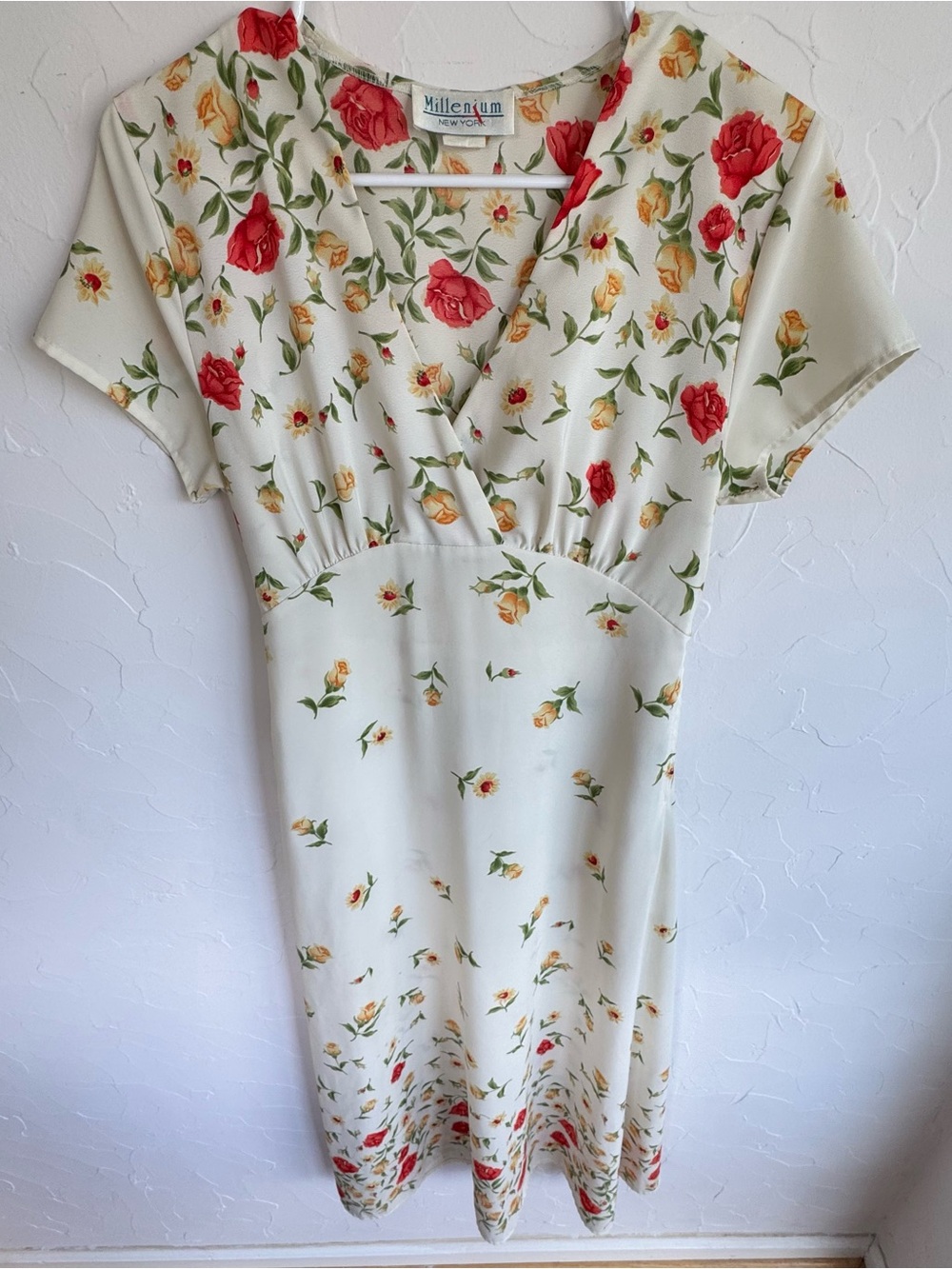 Vintage 90s Millennium New York Cream Rose Floral Midi Dress with tie back